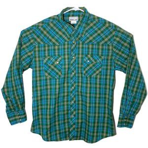 Wrangler Men XL Green Blue Plaid LS Snap Button Up